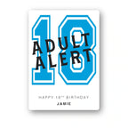 hot pink Adult Alert 18th birthday card, custom name, vibrant print on folded card, clean white background mockup