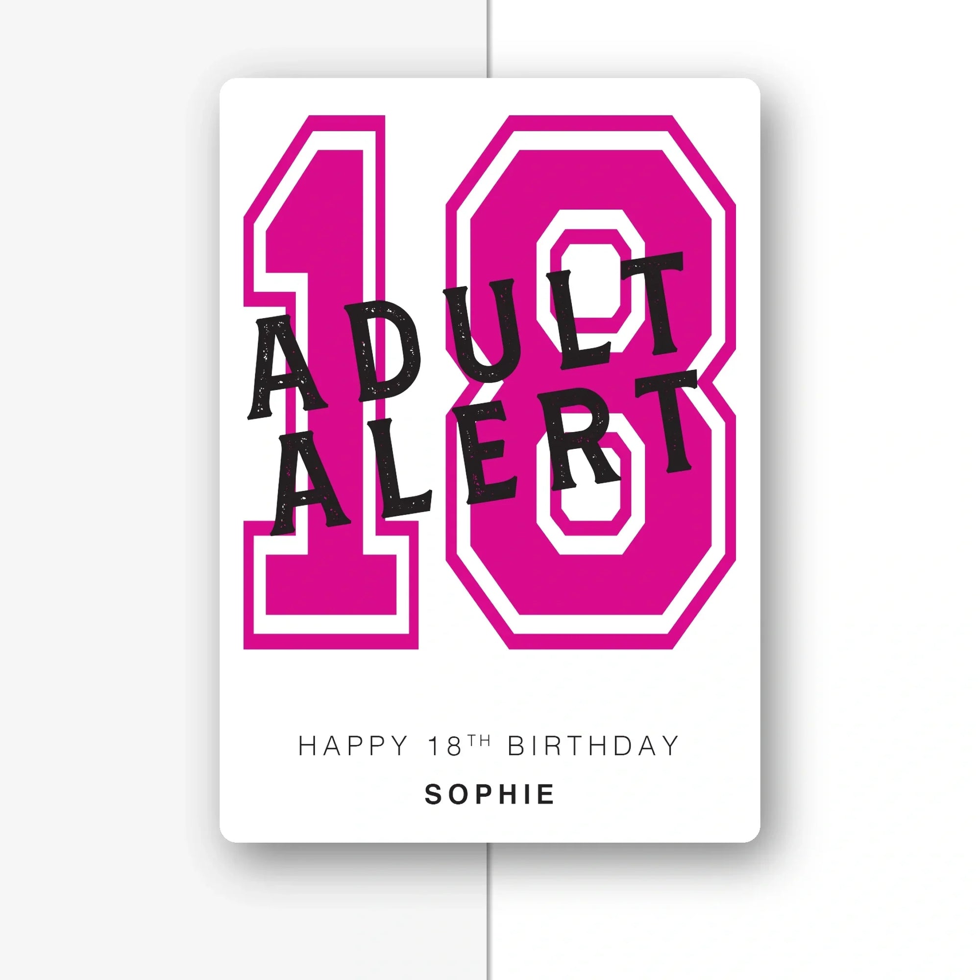 red Adult Alert personalised 18th birthday card, custom message, premium folded card, half light grey background with soft shadow