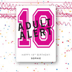 red Adult Alert personalised 18th birthday card, custom message, premium folded card, party confetti mockup background