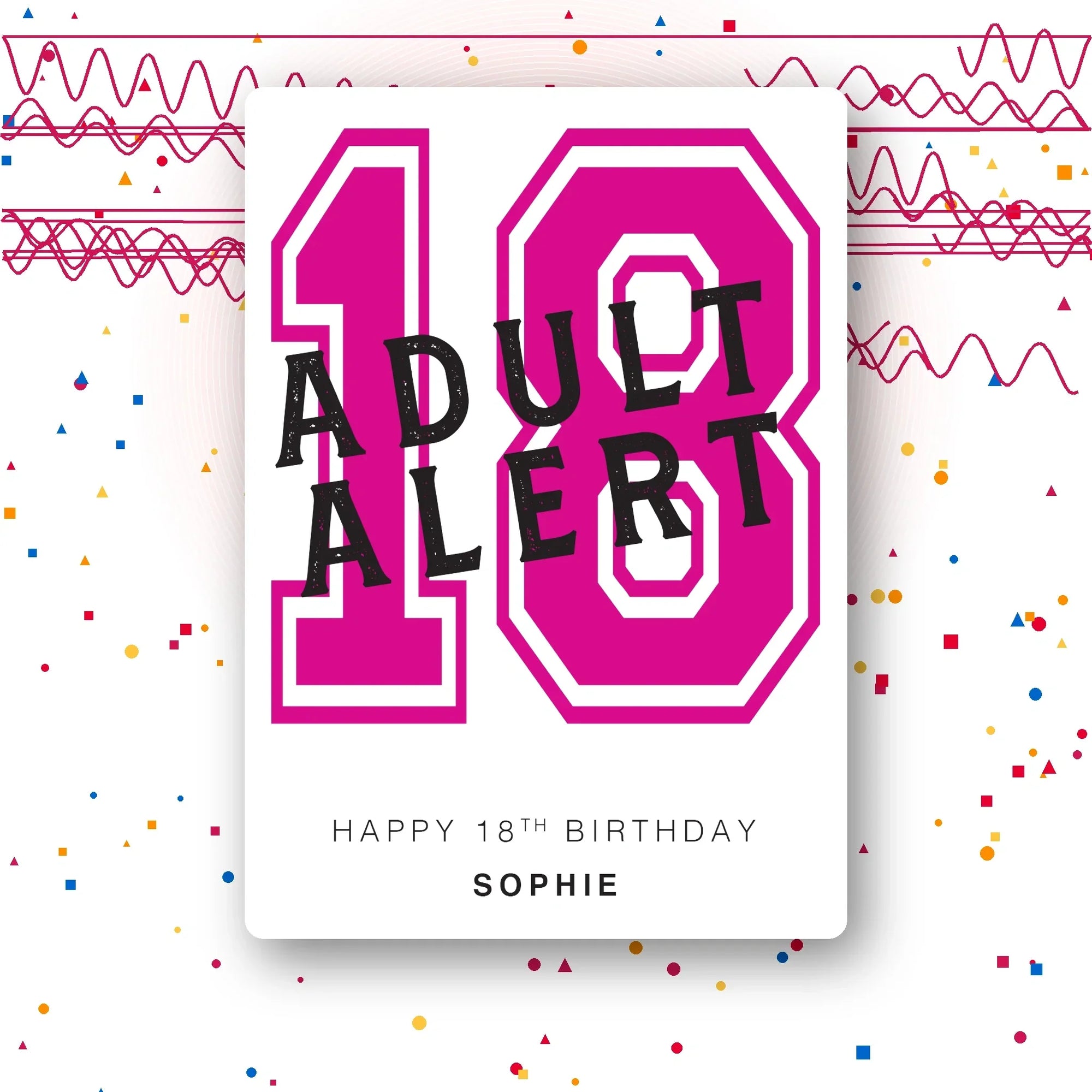 red Adult Alert personalised 18th birthday card, custom message, premium folded card, party confetti mockup background