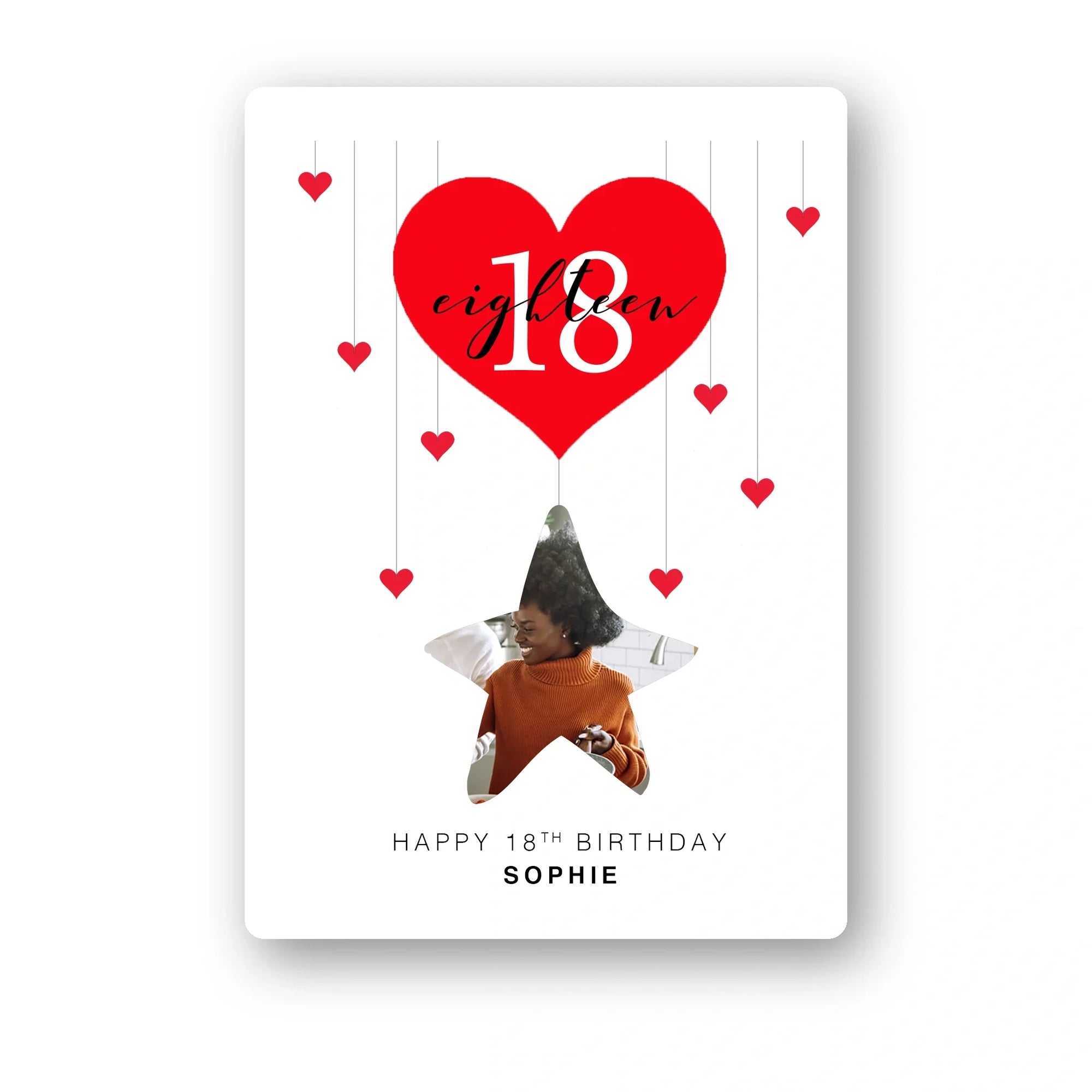 Personalised 18th birthday card with 'eighteen' script on folded card – clean white background