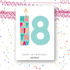candle and number 18 personalised birthday card in mint green