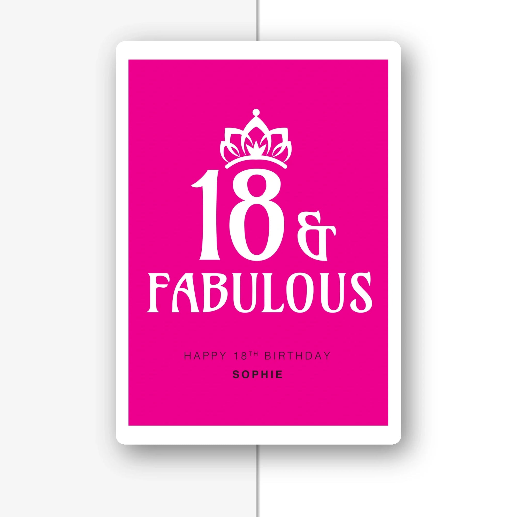 crowned fabulous fuchsia personalised 18th birthday card, elegant type, premium folded card mockup – half light grey with shadow