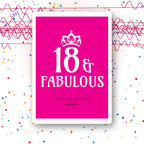 crowned fabulous fuchsia personalised 18th birthday card, elegant type, premium folded card mockup – party confetti background
