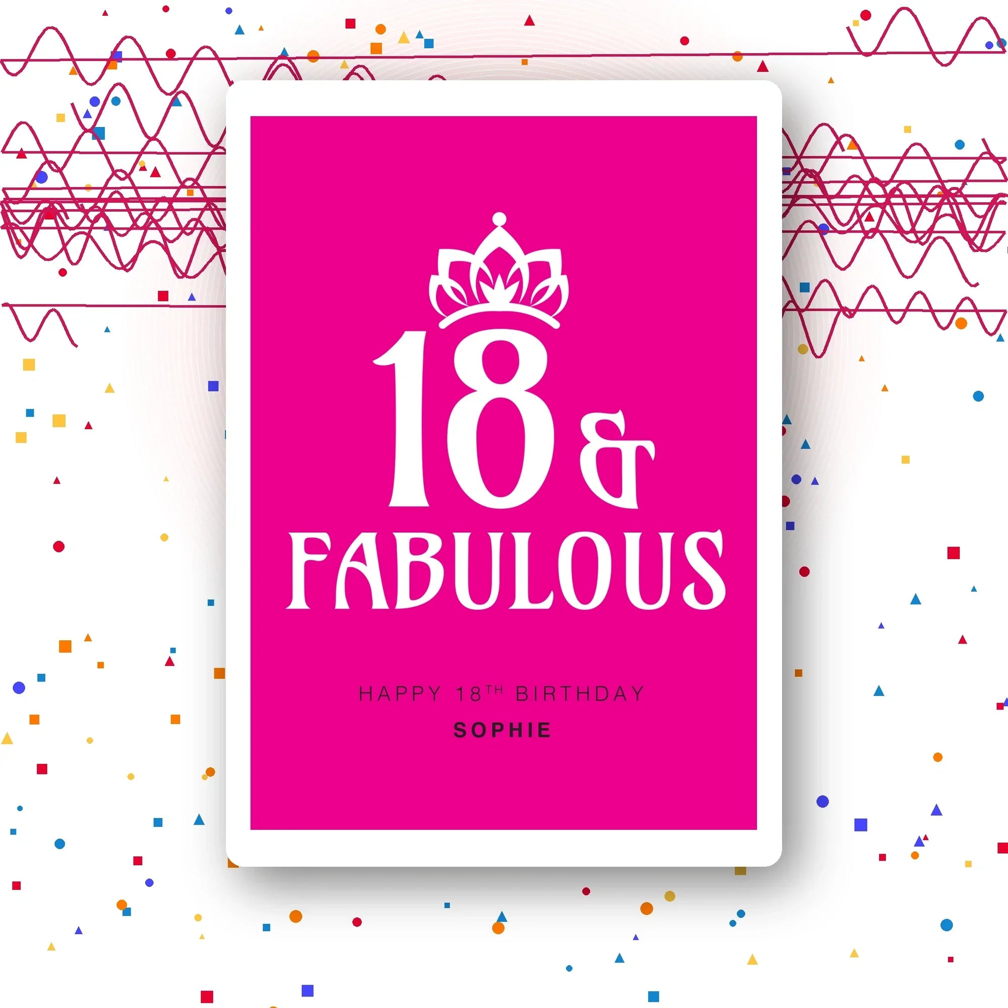 crowned fabulous fuchsia personalised 18th birthday card, elegant type, premium folded card mockup – party confetti background
