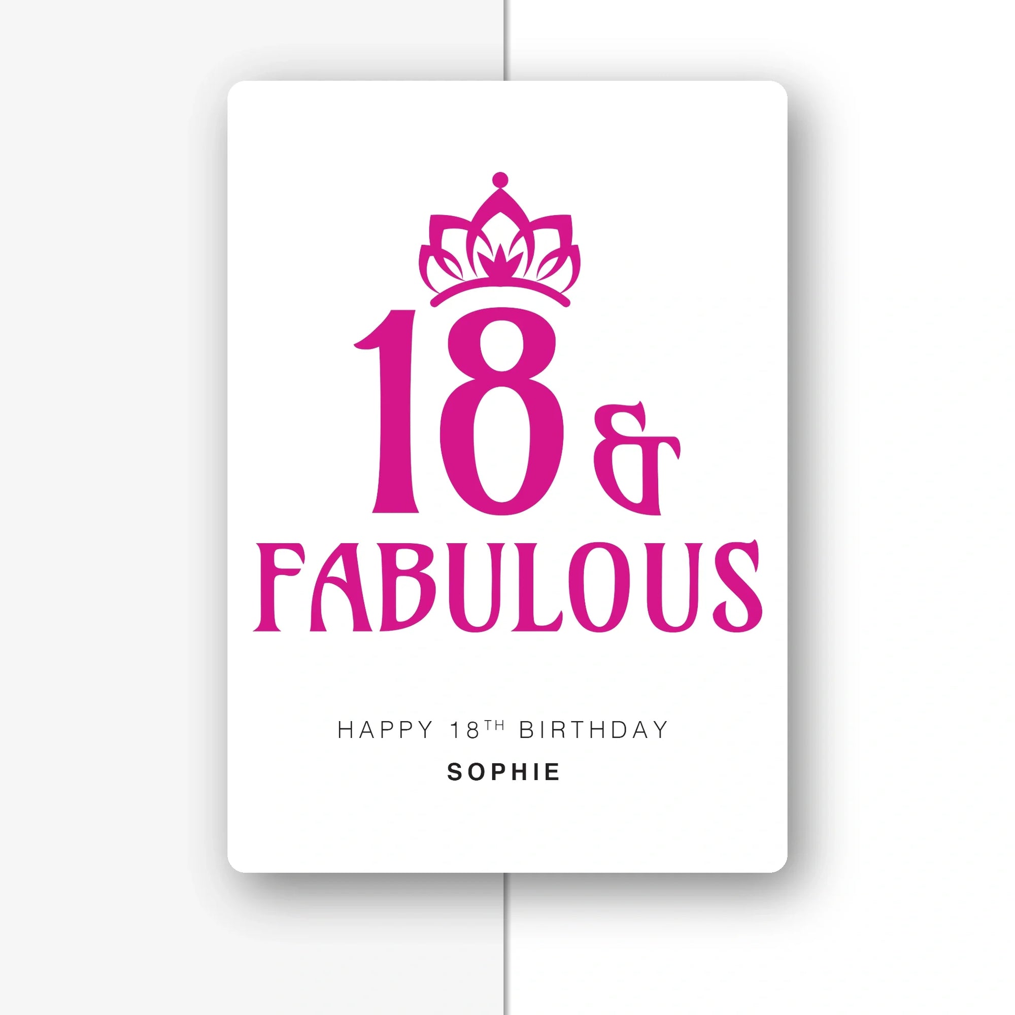 crown and fabulous pink personalised 18th birthday card, crown motif, luxury folded card mockup – half light grey with shadow