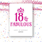 crown and fabulous pink personalised 18th birthday card, crown motif, luxury folded card mockup – party confetti background