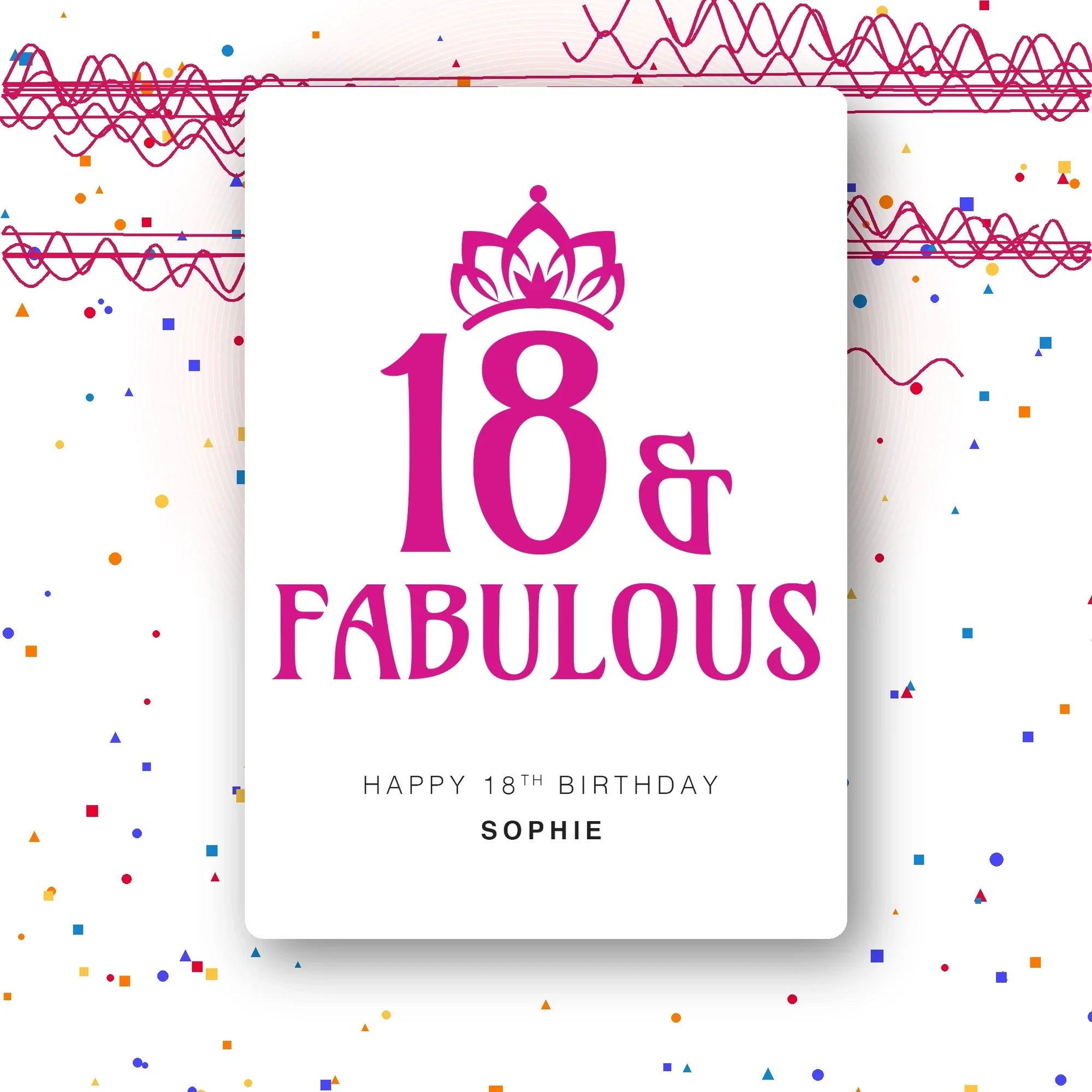 crown and fabulous pink personalised 18th birthday card, crown motif, luxury folded card mockup – party confetti background