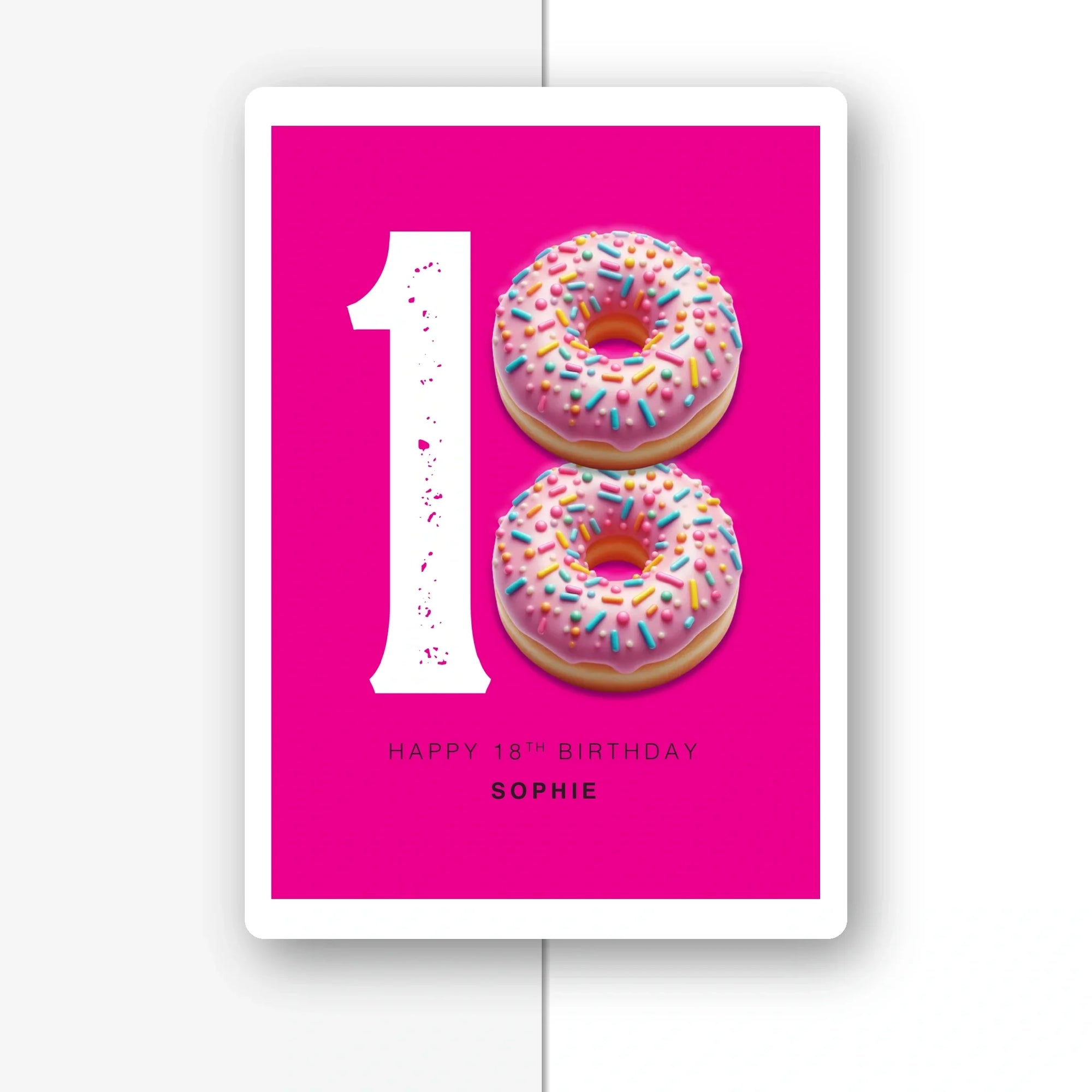 donut eighteen personalised birthday card with pink sprinkles on fuchsia
