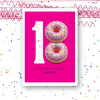 donut eighteen personalised birthday card with pink sprinkles on fuchsia