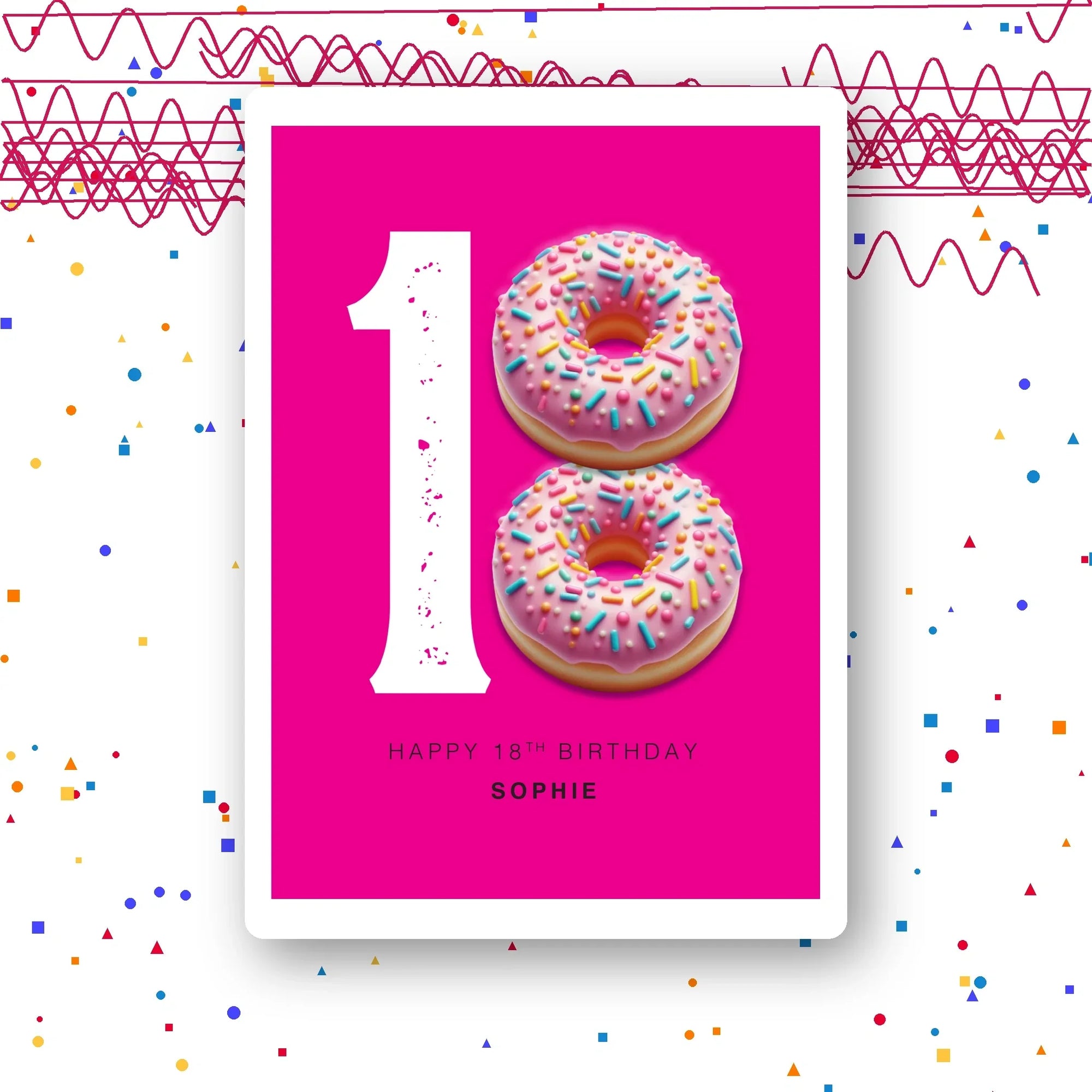 donut eighteen personalised birthday card with pink sprinkles on fuchsia