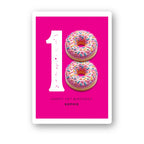 donut eighteen personalised birthday card with pink sprinkles on fuchsia