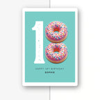 donut eighteen personalised birthday card with pink sprinkles on mint