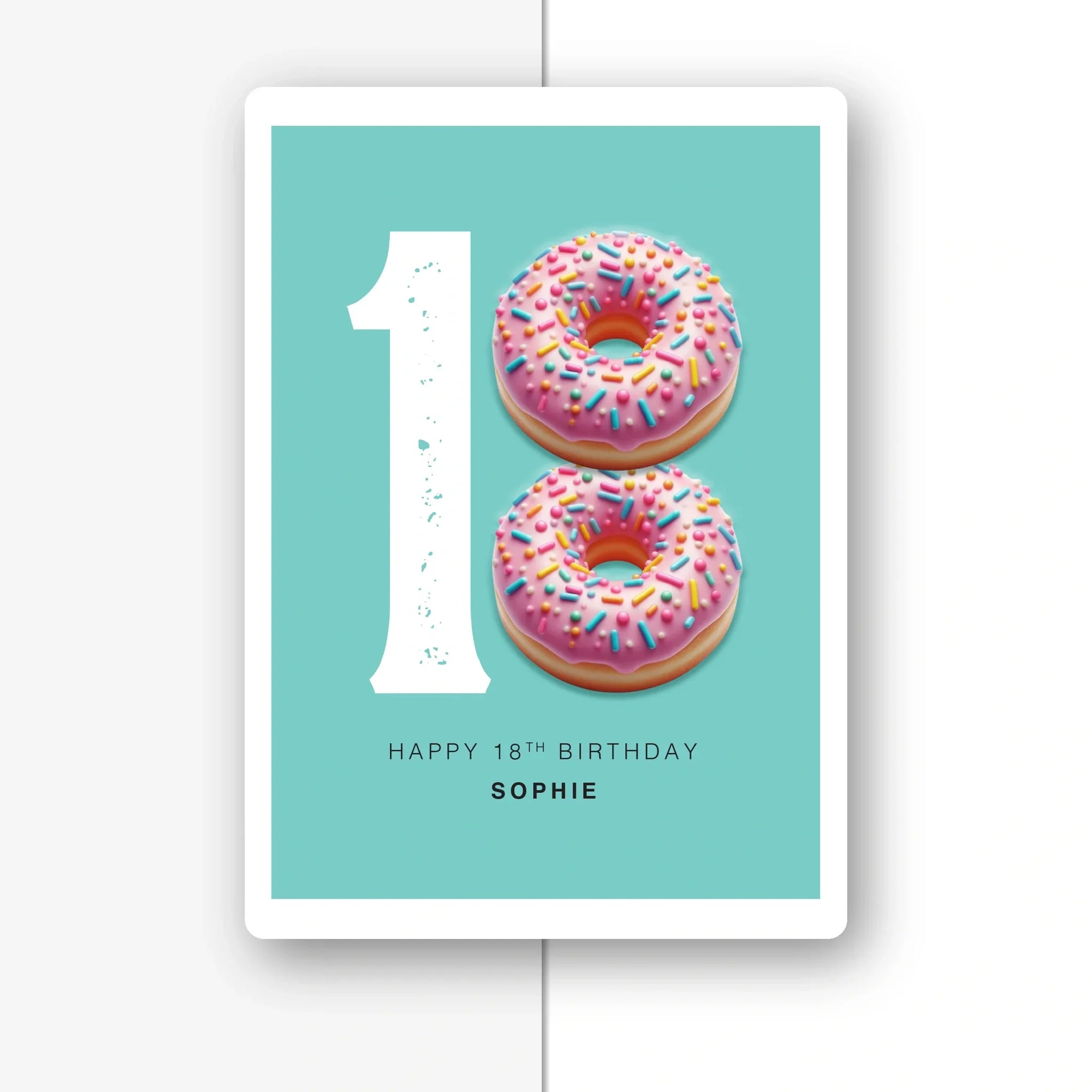 donut eighteen personalised birthday card with pink sprinkles on mint