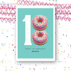 donut eighteen personalised birthday card with pink sprinkles on mint