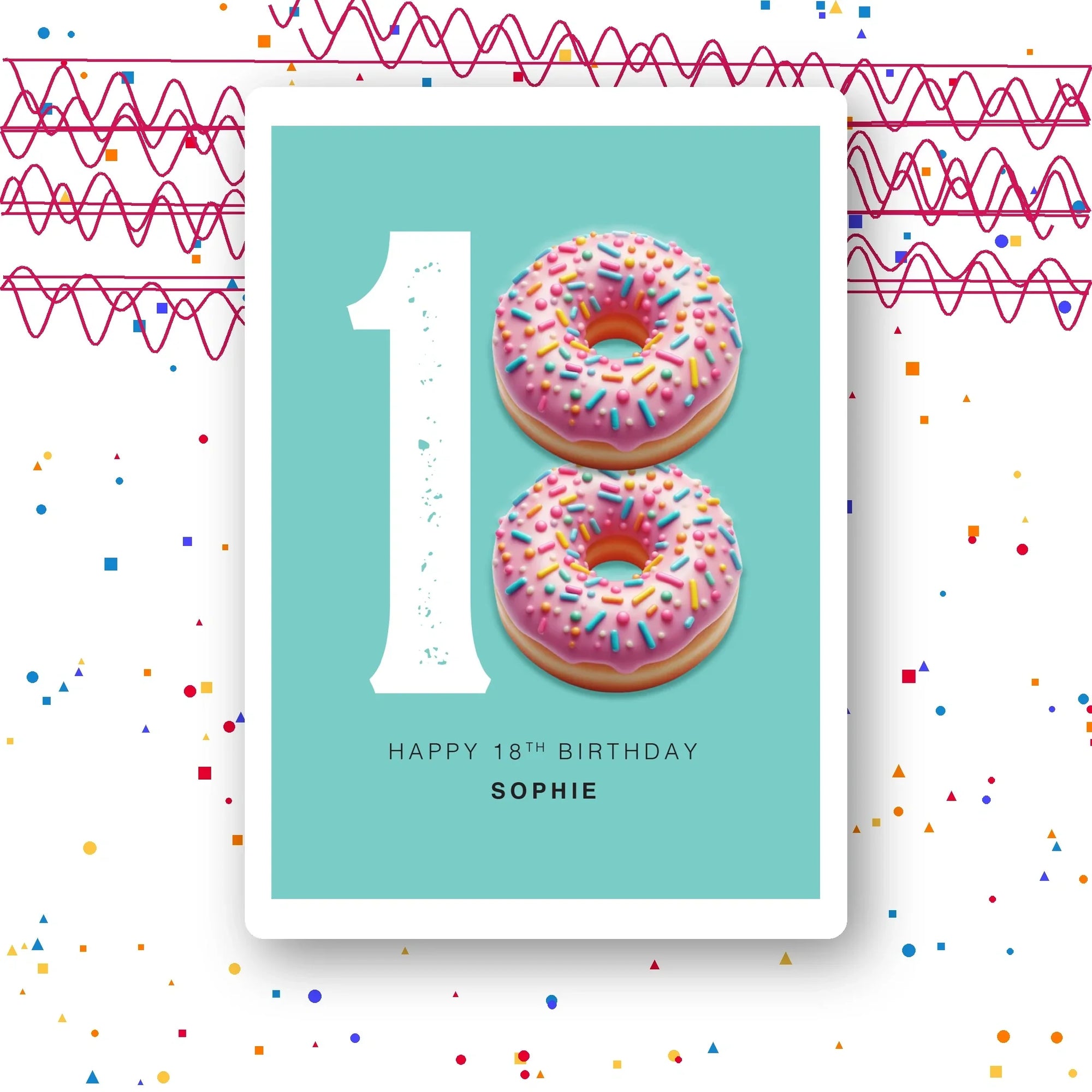 donut eighteen personalised birthday card with pink sprinkles on mint