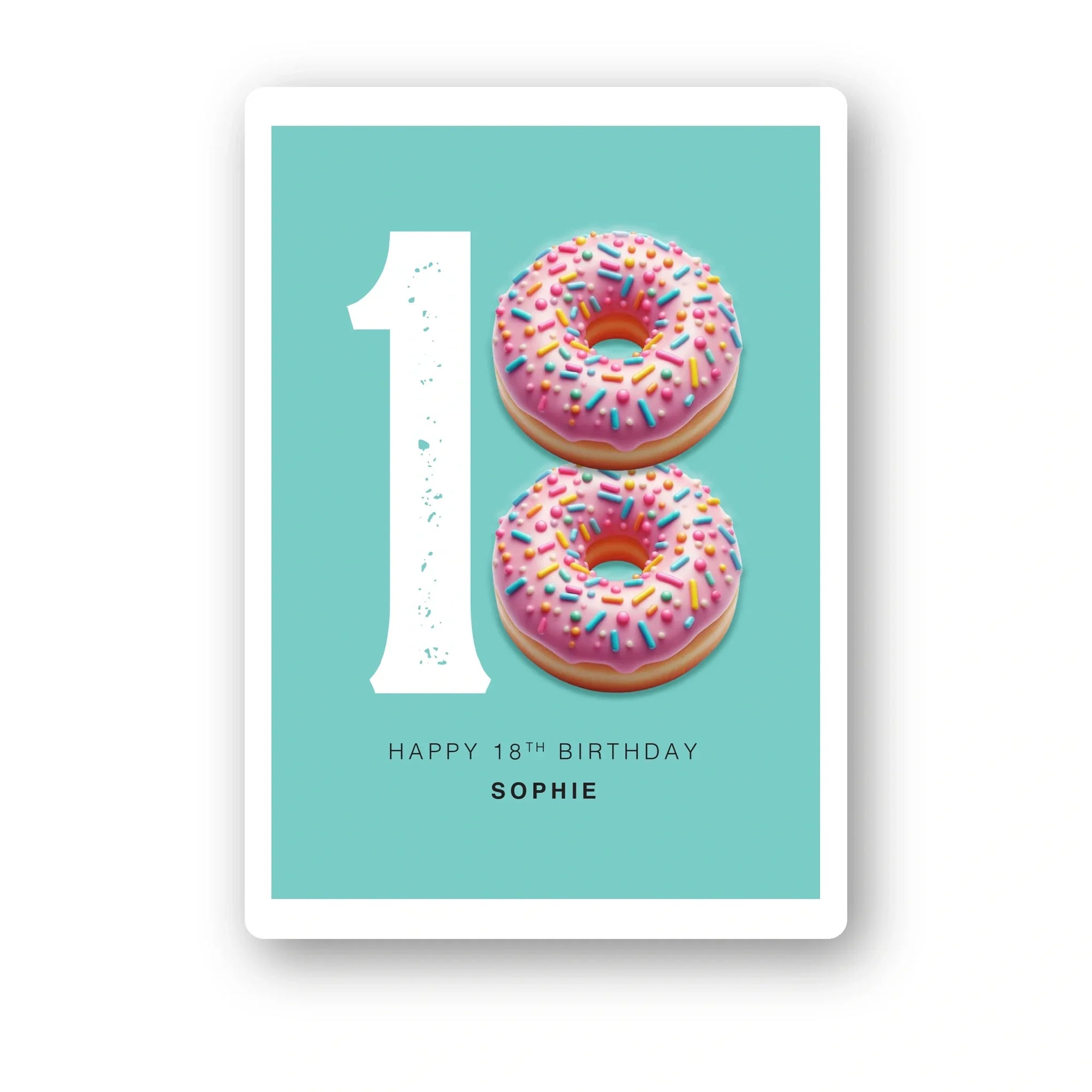 donut eighteen personalised birthday card with pink sprinkles on mint