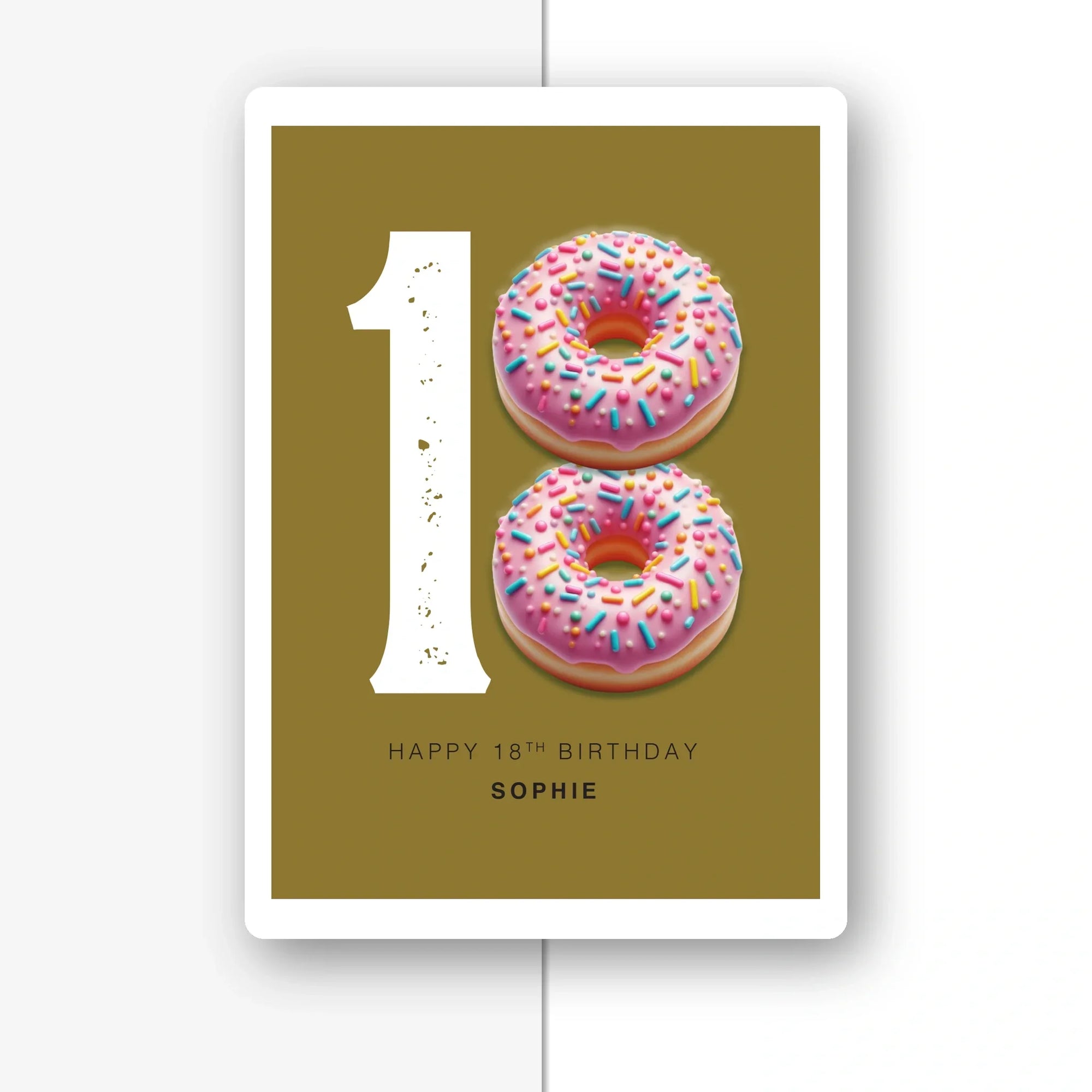 donut eighteen personalised birthday card with pink sprinkles on olive