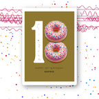 donut eighteen personalised birthday card with pink sprinkles on olive