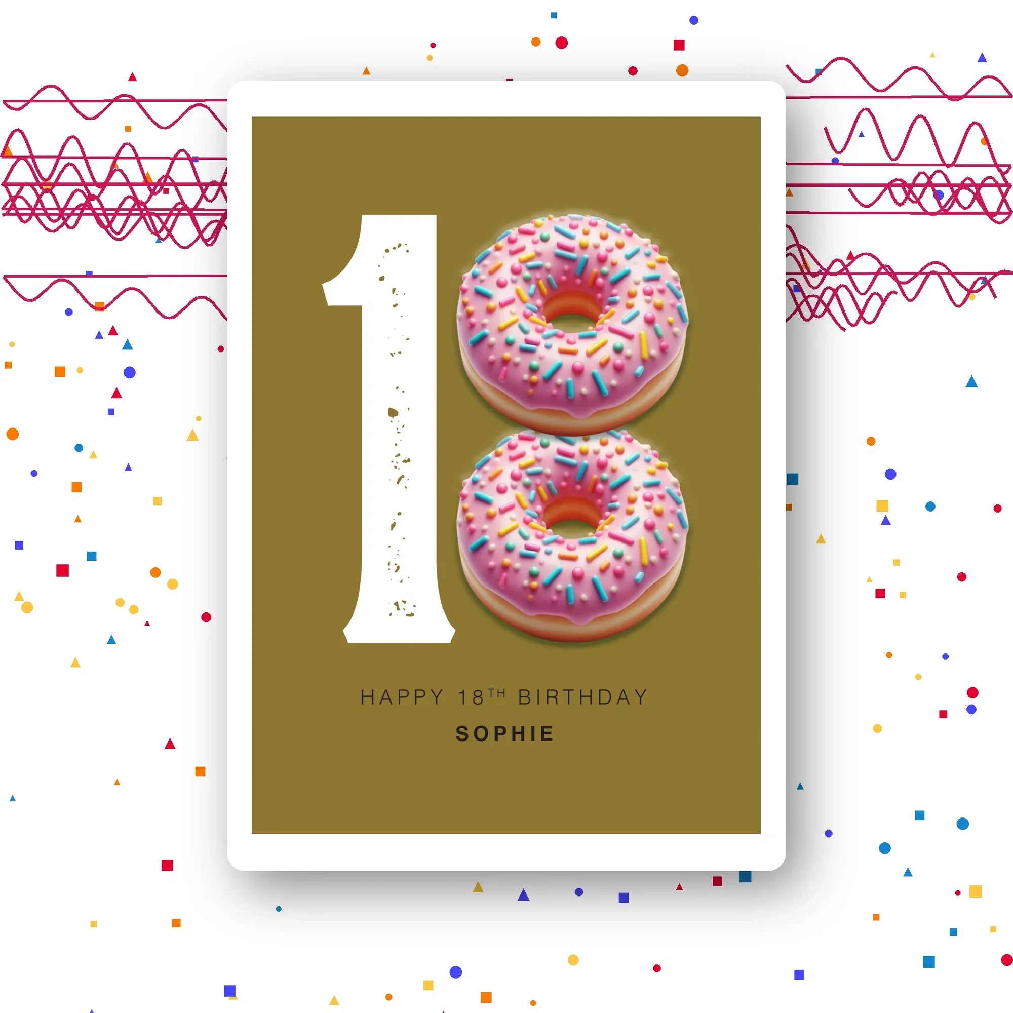 donut eighteen personalised birthday card with pink sprinkles on olive