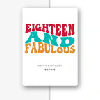 eighteen and fabulous rainbow personalised 18th birthday card, bold typography, luxury folded card mockup – half light grey with shadow
