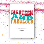 eighteen and fabulous rainbow personalised 18th birthday card, bold typography, luxury folded card mockup – party confetti background