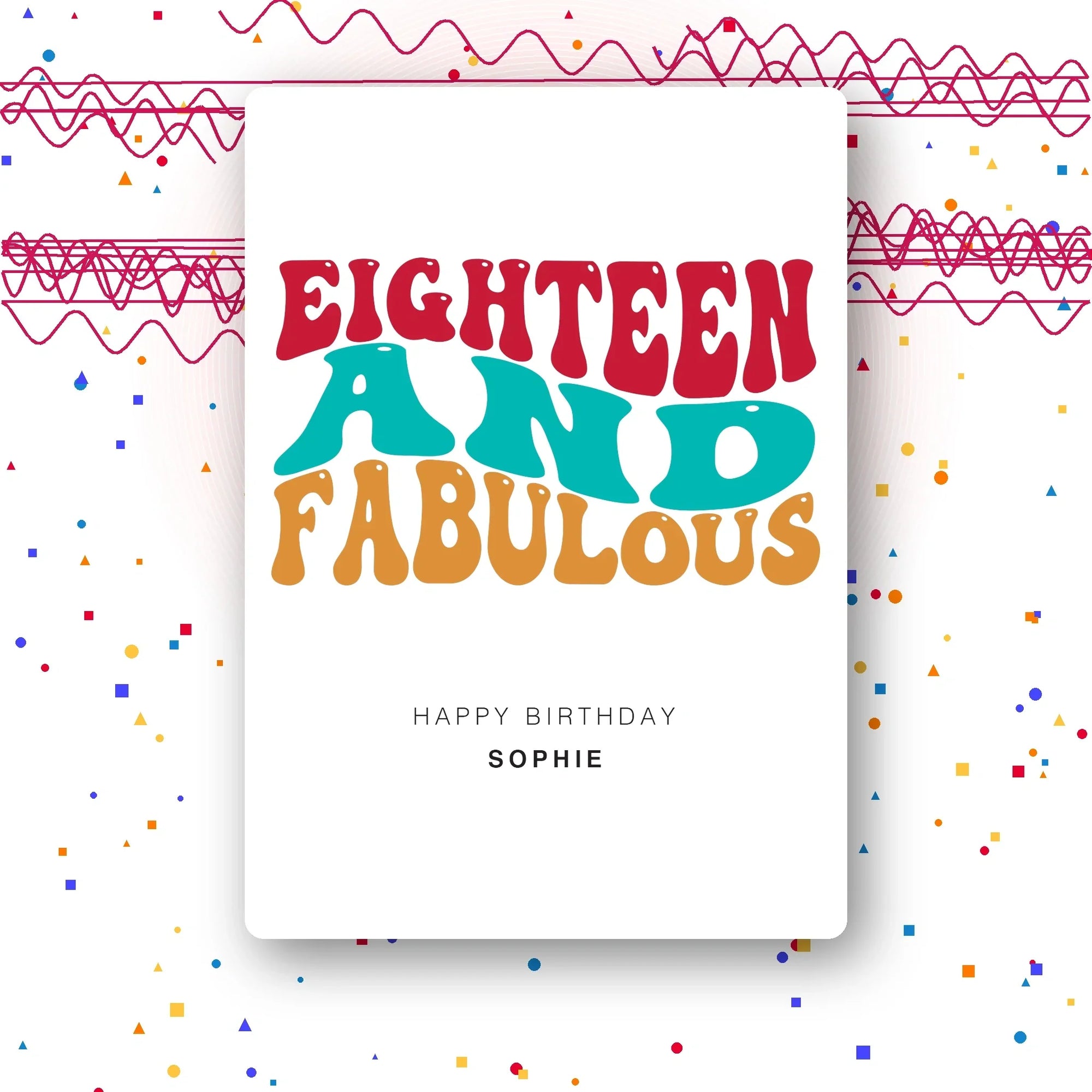 eighteen and fabulous rainbow personalised 18th birthday card, bold typography, luxury folded card mockup – party confetti background