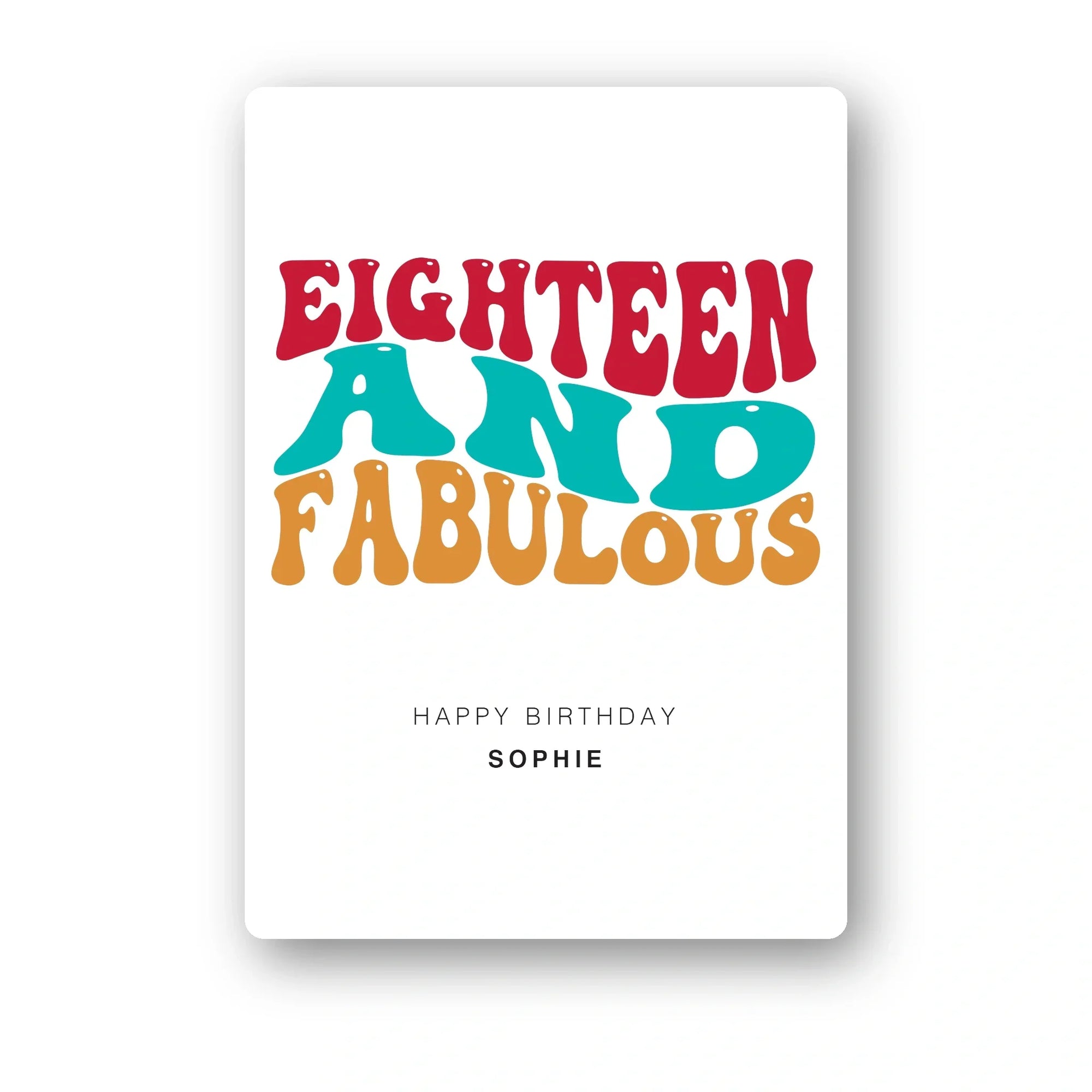eighteen and fabulous rainbow personalised 18th birthday card, bold typography, luxury folded card mockup – clean white background