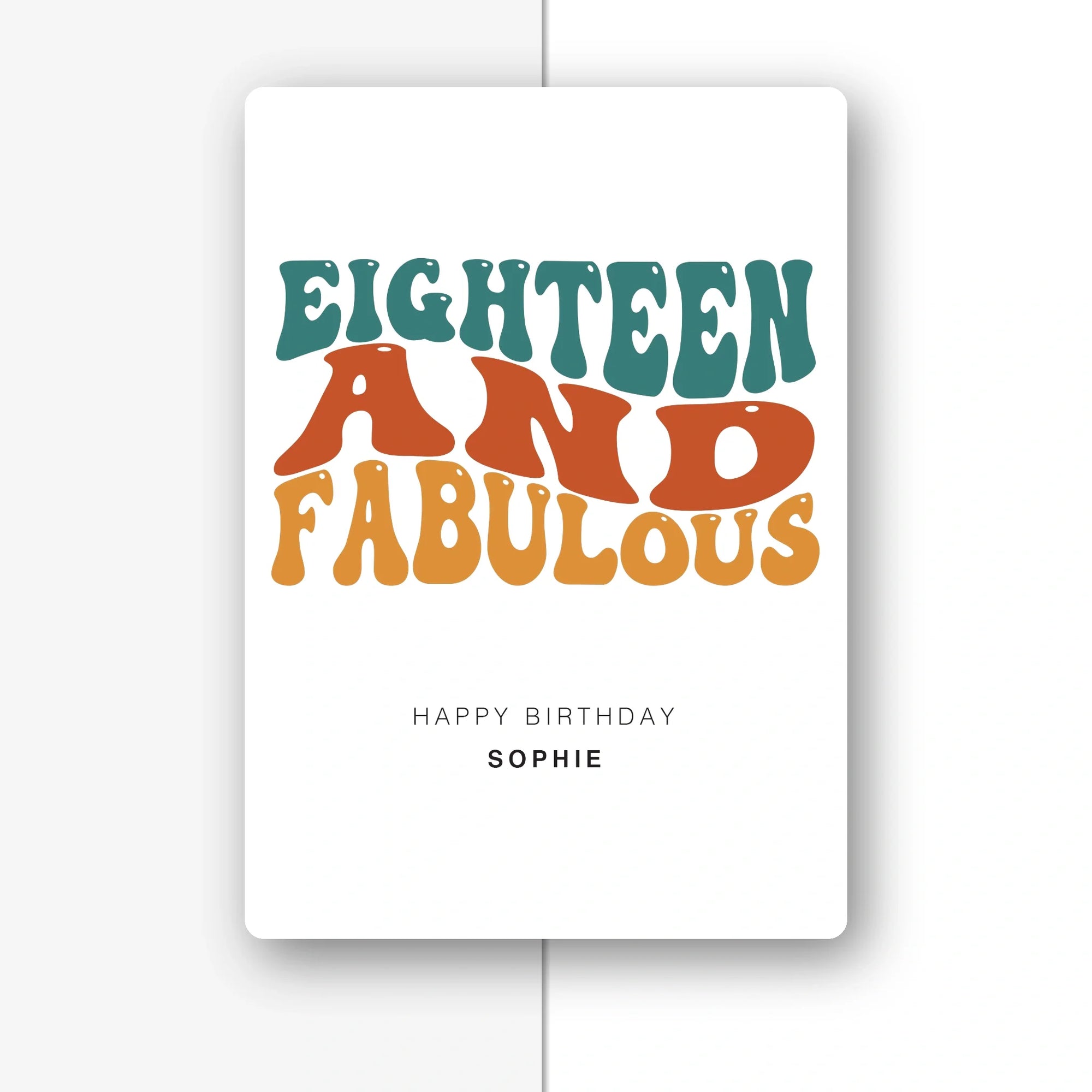 eighteen and fabulous rainbow B personalised 18th card, colourful type, premium folded card mockup – half light grey with shadow