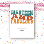 eighteen and fabulous rainbow B personalised 18th card, colourful type, premium folded card mockup – party confetti background