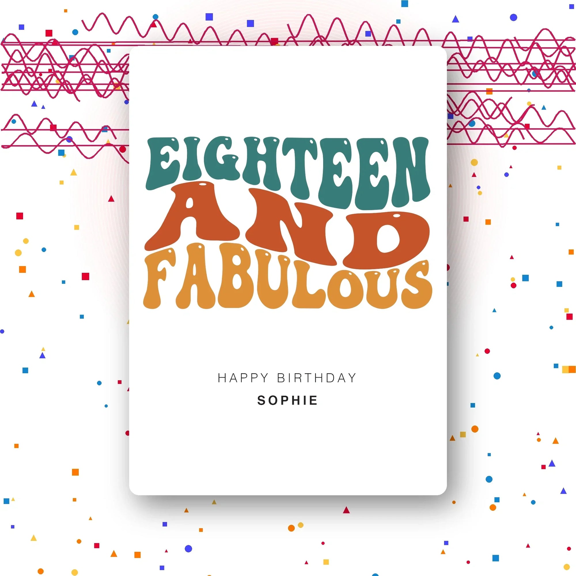 eighteen and fabulous rainbow B personalised 18th card, colourful type, premium folded card mockup – party confetti background