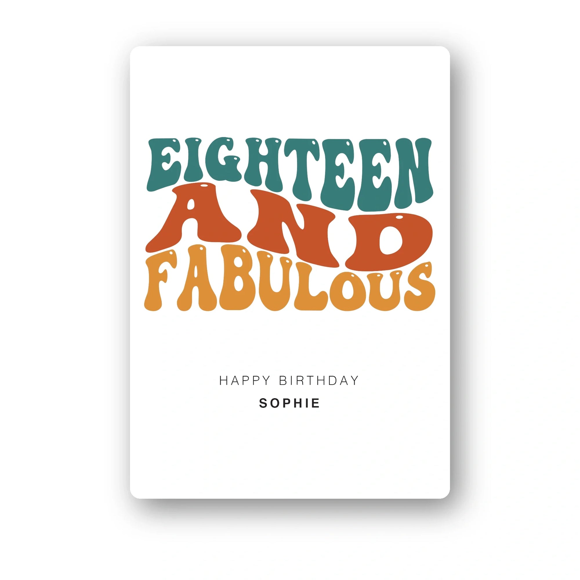 eighteen and fabulous rainbow B personalised 18th card, colourful type, premium folded card mockup – clean white background
