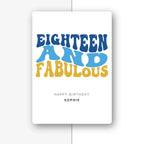 eighteen and fabulous blue and gold personalised 18th card, bold type, premium folded card mockup – half light grey with shadow