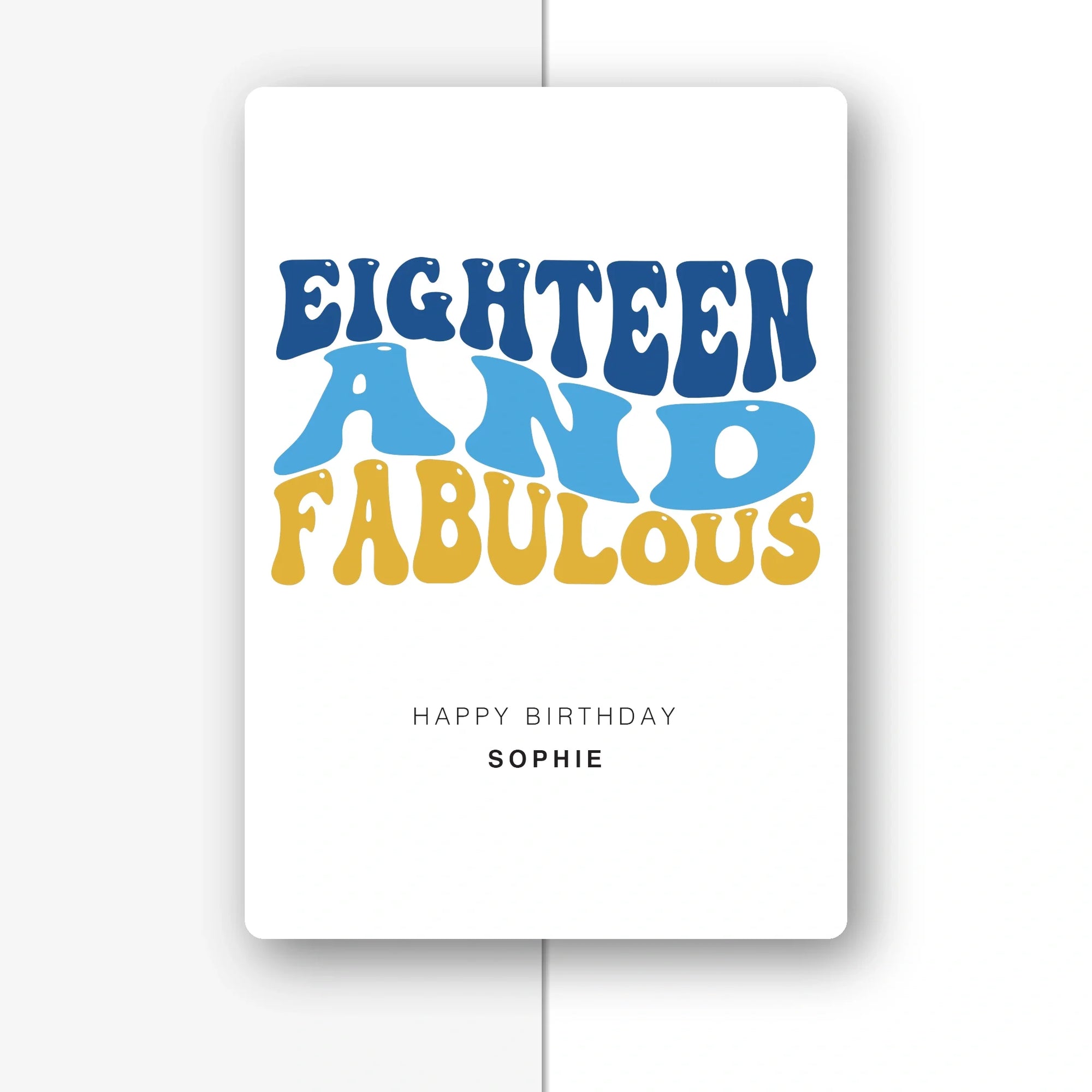 eighteen and fabulous blue and gold personalised 18th card, bold type, premium folded card mockup – half light grey with shadow