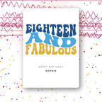 eighteen and fabulous blue and gold personalised 18th card, bold type, premium folded card mockup – party confetti background