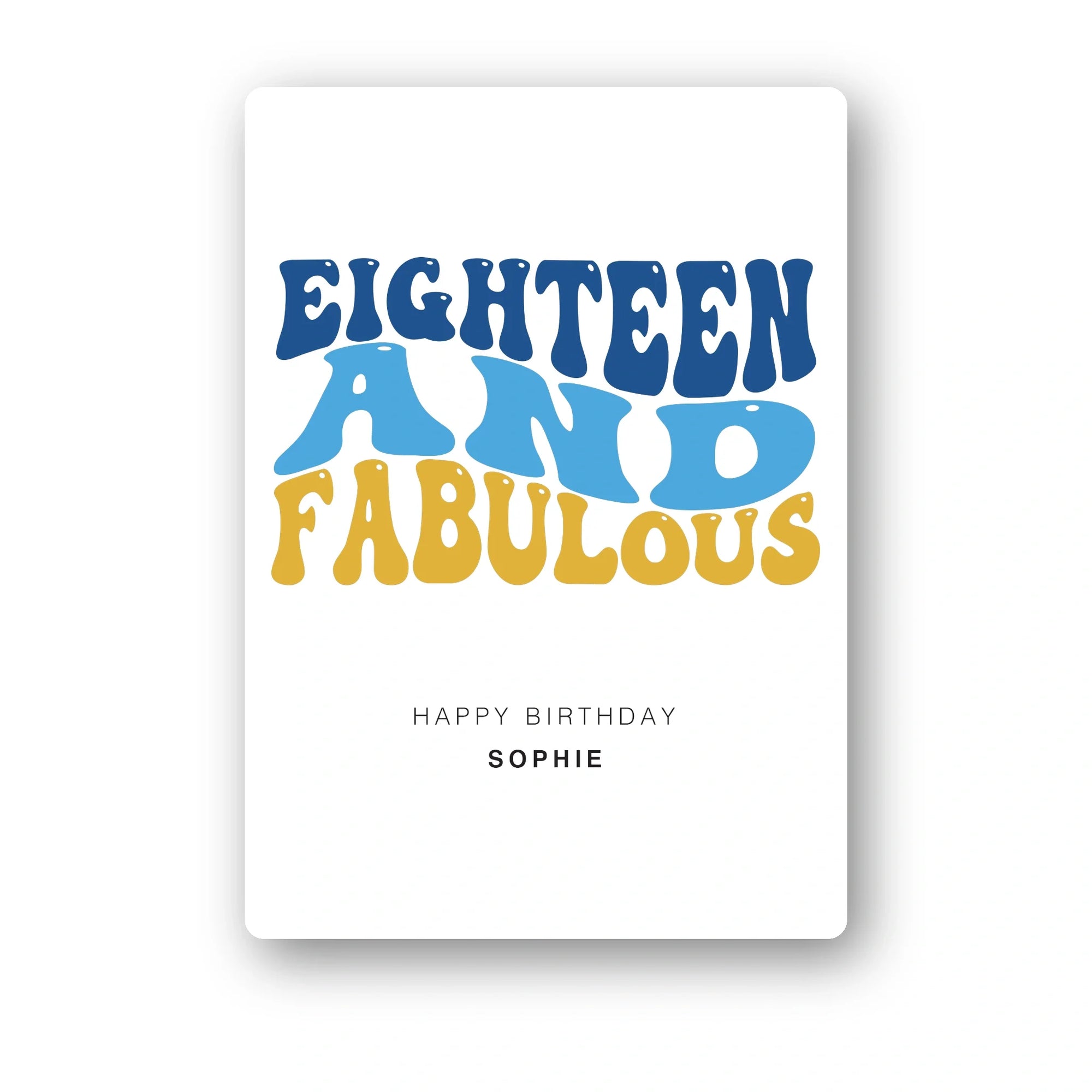 eighteen and fabulous blue and gold personalised 18th card, bold type, premium folded card mockup – clean white background