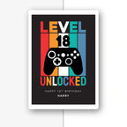 level 18 unlocked gamer personalised birthday card, video game controller design, premium folded card mockup – half light grey with shadow