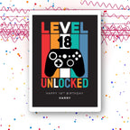 level 18 unlocked gamer personalised birthday card, video game controller design, premium folded card mockup – party confetti background