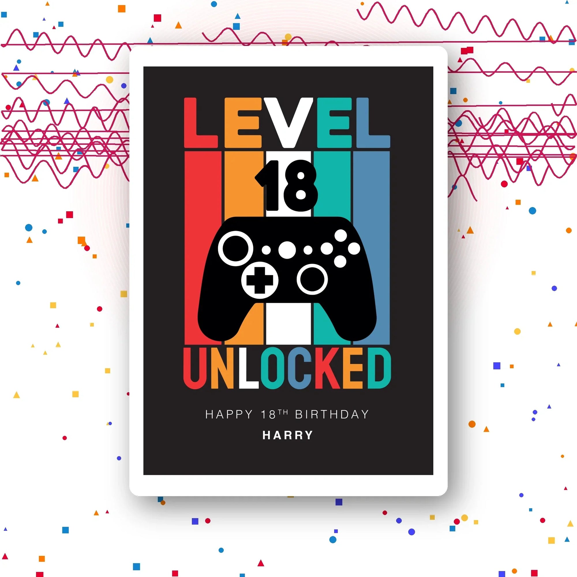 level 18 unlocked gamer personalised birthday card, video game controller design, premium folded card mockup – party confetti background