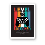 level 18 unlocked gamer personalised birthday card, video game controller design, premium folded card mockup – clean white background