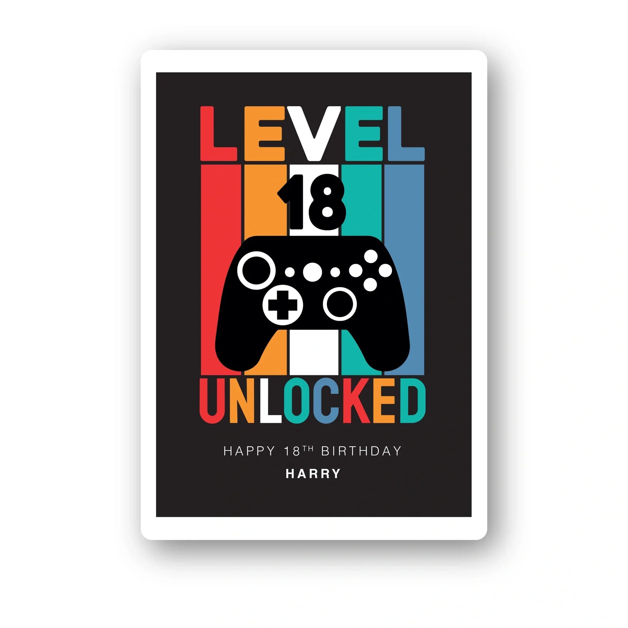 level 18 unlocked gamer personalised birthday card, video game controller design, premium folded card mockup – clean white background