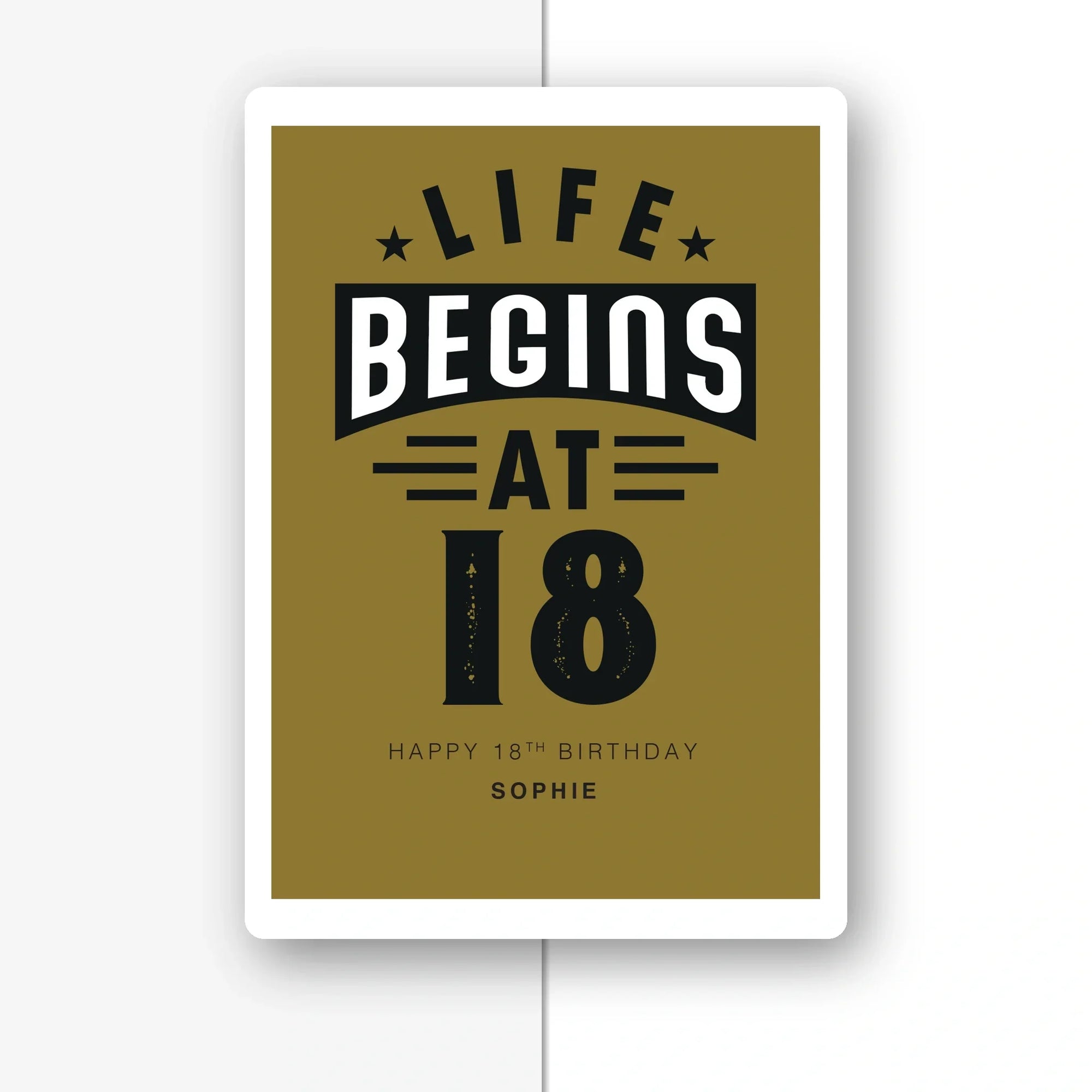 life begins at 18 personalised birthday card in olive green typography