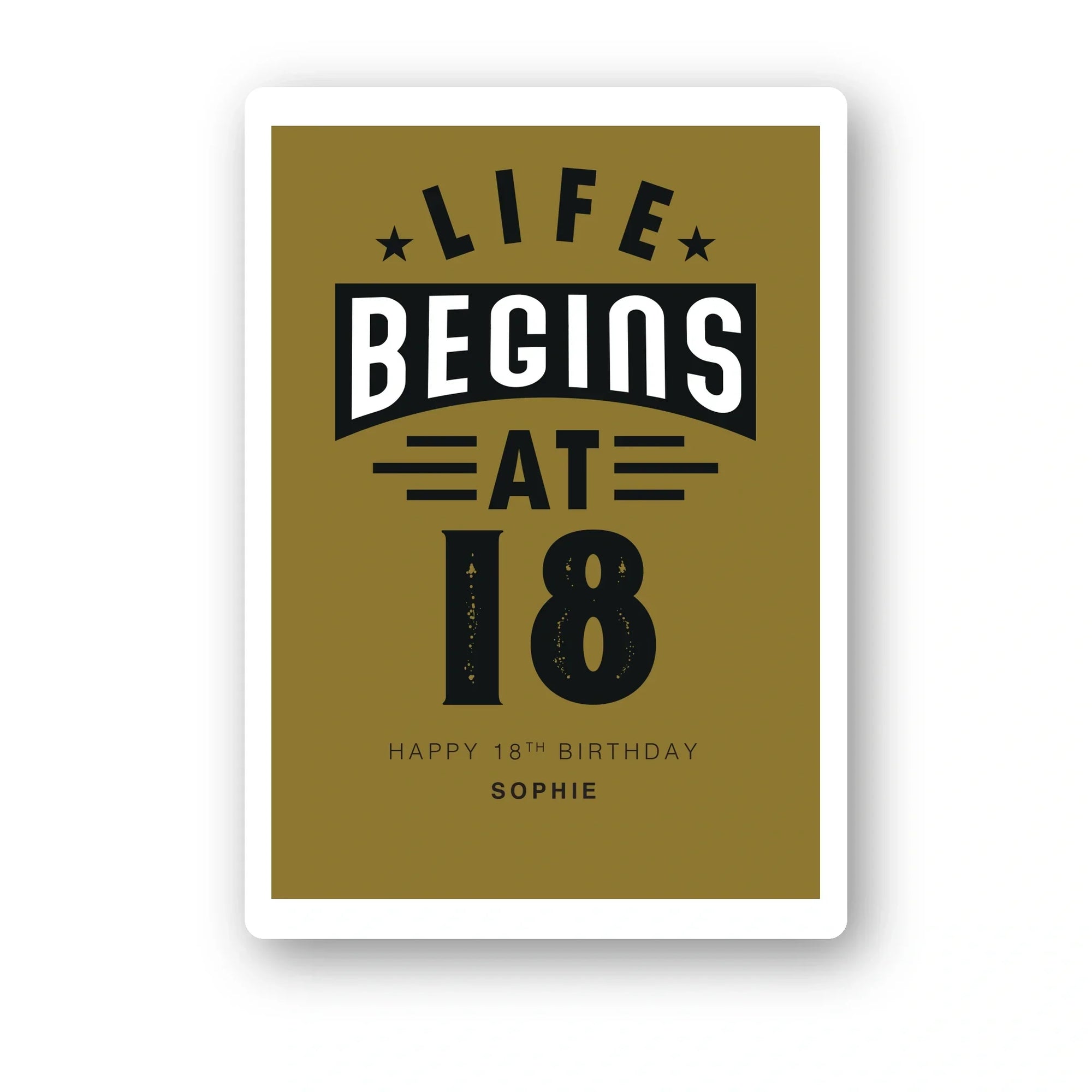 life begins at 18 personalised birthday card in olive green typography