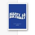 minimal navy personalised 18th birthday card with clean type, custom name, premium folded card, half light grey background with soft shadow
