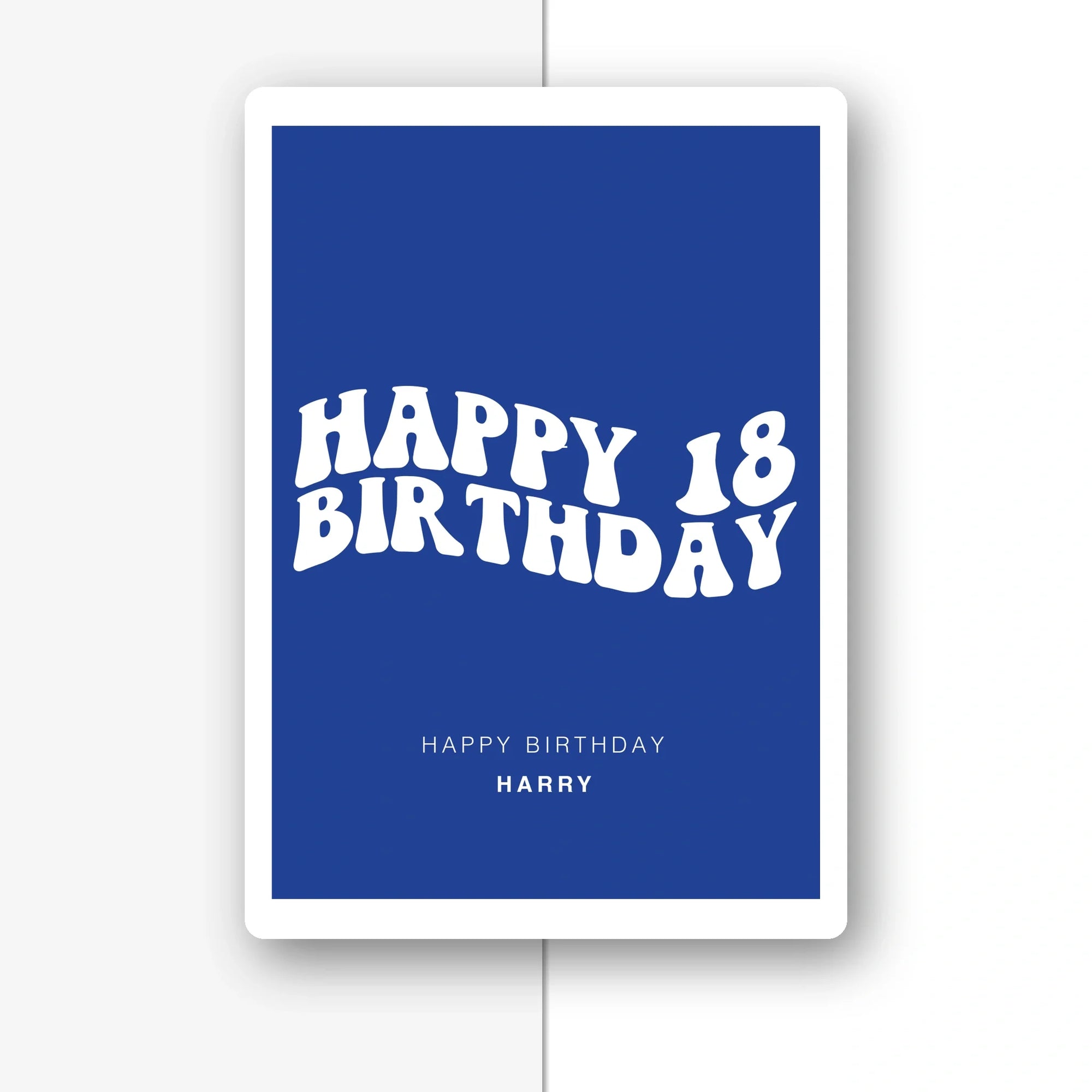 minimal navy personalised 18th birthday card with clean type, custom name, premium folded card, half light grey background with soft shadow