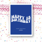 minimal navy personalised 18th birthday card with clean type, custom name, premium folded card, party confetti mockup background