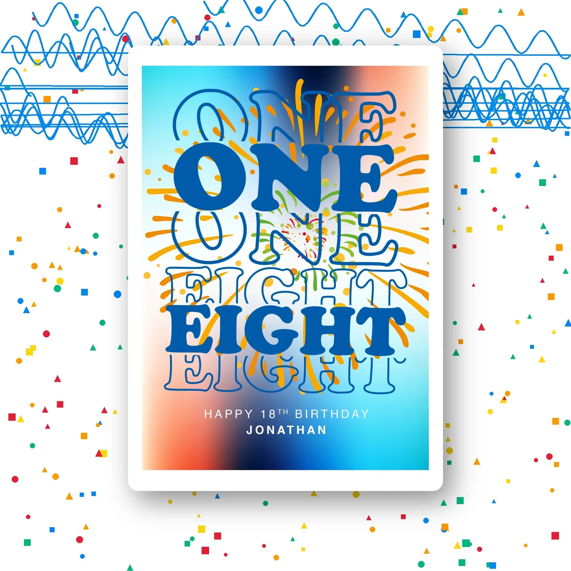 one eight fireworks gradient personalised 18th birthday card