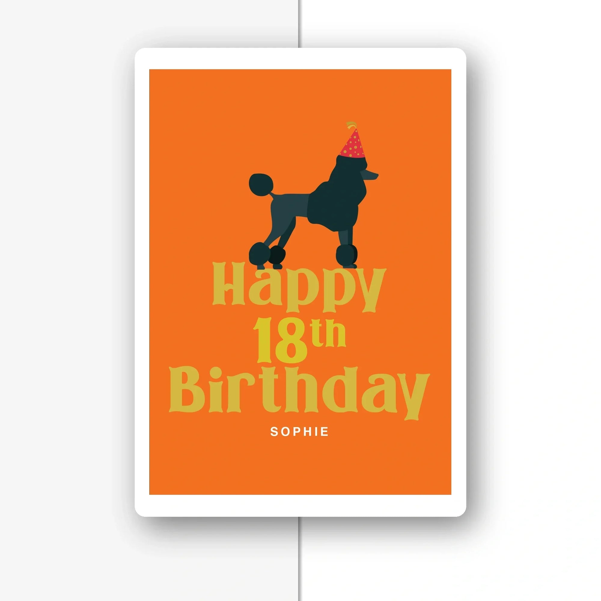 poodle party orange personalised 18th birthday card, dog illustration, premium folded card mockup – half light grey with shadow