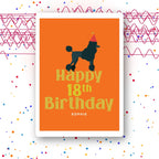 poodle party orange personalised 18th birthday card, dog illustration, premium folded card mockup – party confetti background