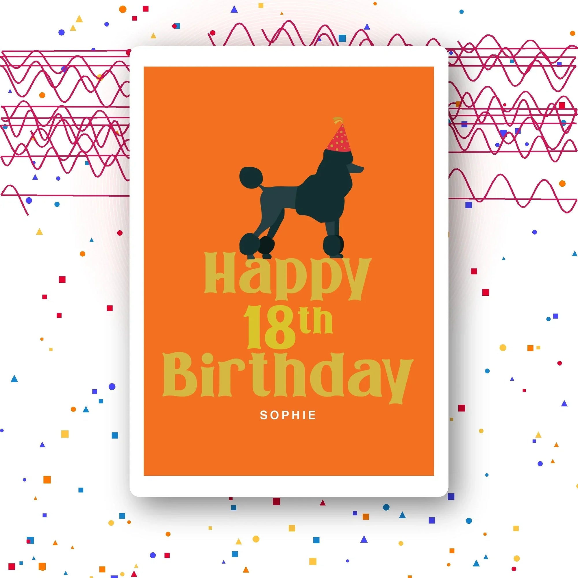 poodle party orange personalised 18th birthday card, dog illustration, premium folded card mockup – party confetti background